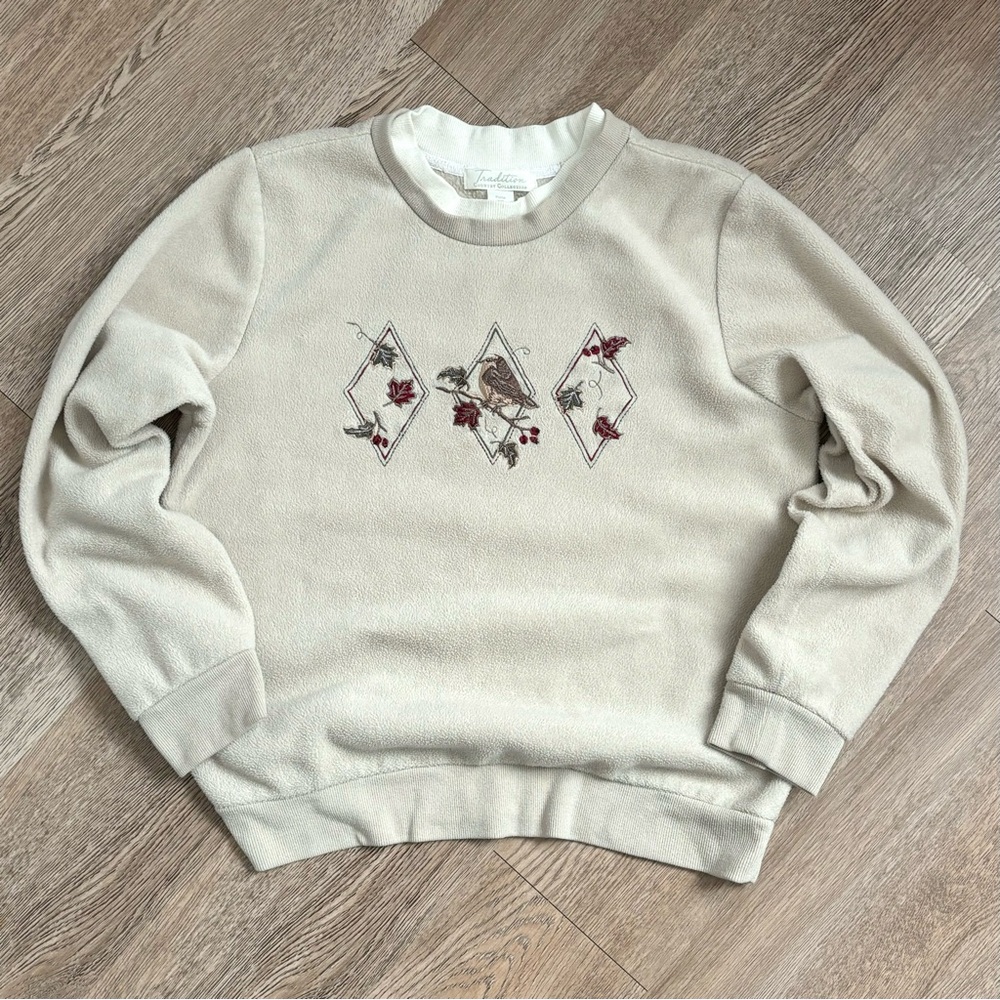 Tradition Bird & Fall Leaves Embroidered Double Collar Cream Grandmacore Sweater